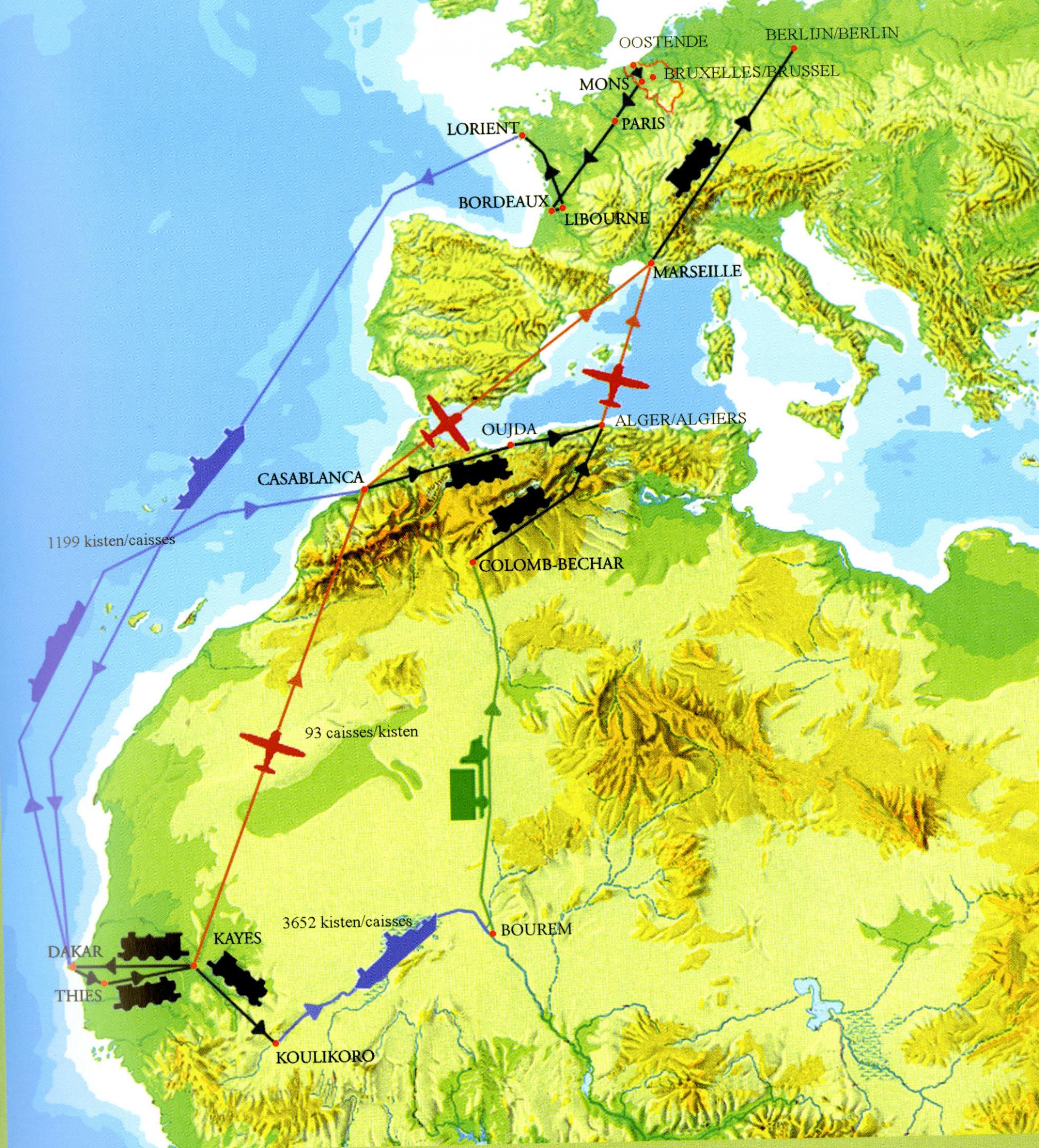 Carte montrant le trajet de l'or belge