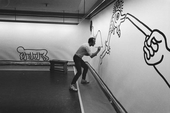 Keith Haring at work in the Stedelijk Museum in Amsterdam